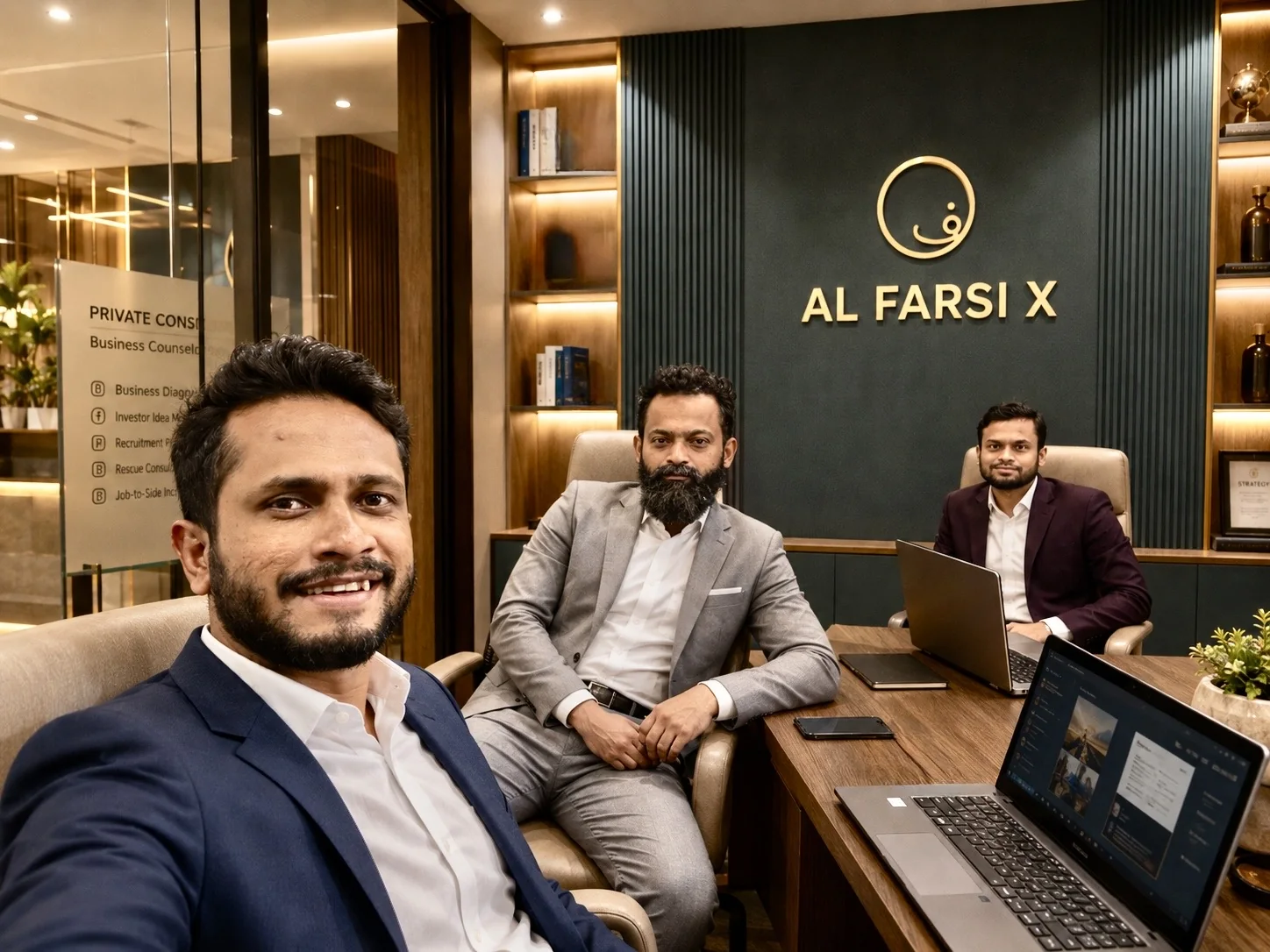 AL FARSI X founding leadership — Bappi Mahmud, Md. Jahirul Haque Sabuz and Nuruzzaman Bappi at the Dhaka office